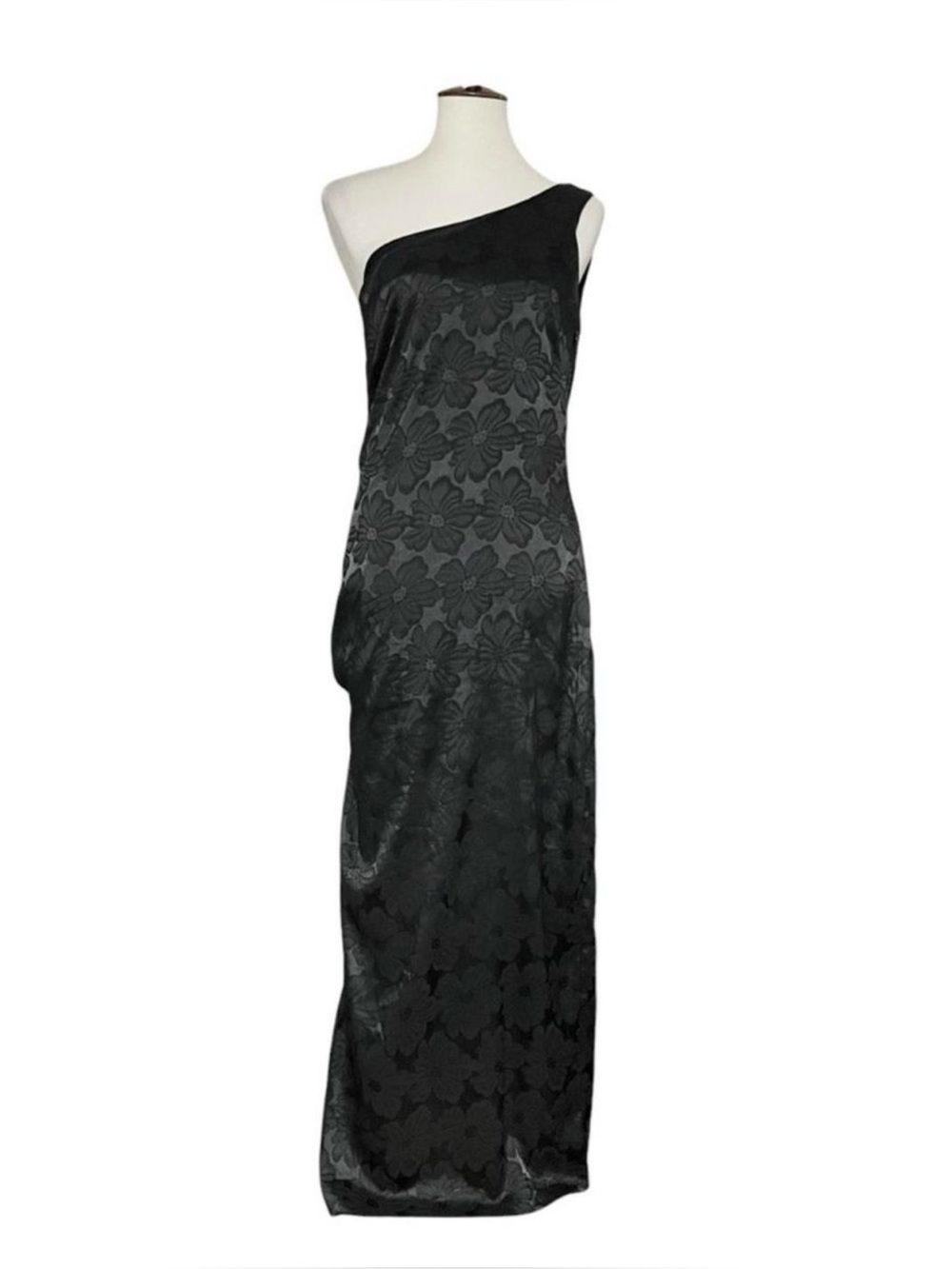 Lulus Chasing Desire Black Satin Jacquard One Shoulder Maxi Dress S